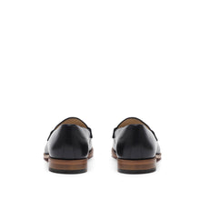 Load image into Gallery viewer, Back perspective of sophisticated black calf loafers, emphasizing the heel design and leather sole, set against a white background.