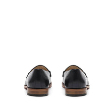 Load image into Gallery viewer, Back perspective of sophisticated black calf loafers, emphasizing the heel design and leather sole, set against a white background.