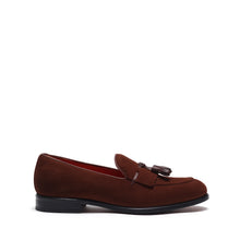 Load image into Gallery viewer, Side perspective of the brown suede loafers showing off the classic Kiltie tassel detail and sleek profile on a white background.