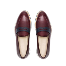 Load image into Gallery viewer, Overhead image of the loafers displaying the fine grain texture of the burgundy leather and the navy penny keeper strap.