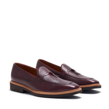 Load image into Gallery viewer, Elegant front view of burgundy pebble grain Belgian loafers with a country welt natural leather trim and a brown sole, against a white background.