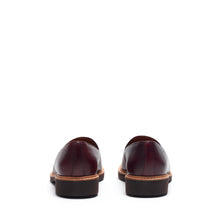Load image into Gallery viewer, Back angle of the loafers, focusing on the stitching details and the contrast of the burgundy leather and brown heel.