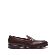 Load image into Gallery viewer, Side profile of dark brown calf leather horsebit loafers, displaying the smooth contours, stacked heel, and the iconic gold-tone horsebit across the vamp.