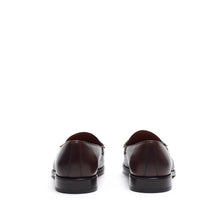 Load image into Gallery viewer, Back view of dark brown calf leather horsebit loafers, emphasizing the refined stitching details and the contrast of the rich brown leather against the sleek brown sole.