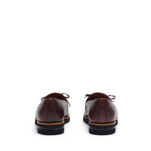 Load image into Gallery viewer, Rear angle showcasing the back detail of dark brown croco-textured kiltie loafers, set against a white environment.