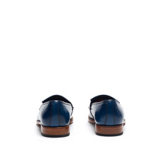 Load image into Gallery viewer, Back perspective of the navy fringe loafers, focusing on the heel counter and the clean lines of the shoe's design.