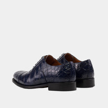 Load image into Gallery viewer, Navy blue crocodile-patterned shoes on a white background
