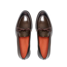 Load image into Gallery viewer, Top-down view of olive calf laced loafers, highlighting the meticulous stitching, laced-up design, and rich olive tone against the contrasting insole.