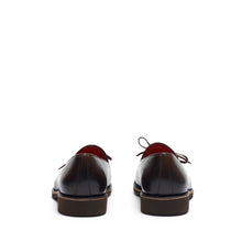 Load image into Gallery viewer, Rear view of olive calf laced loafers against a white background, showing the subtle heel elevation and seamless stitching around the heel counter.