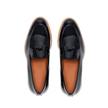 Load image into Gallery viewer, Top view of patent black Belgian loafers, showcasing the classic loafer design with a bow tie on the vamp and flawless glossy finish.