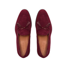 Load image into Gallery viewer, An overhead view showcasing the deep wine suede upper of the loafers, complemented by the burgundy calf leather laced tassels, creating a refined aesthetic.