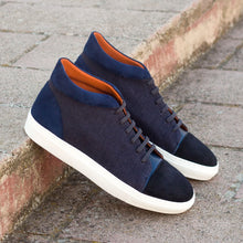Load image into Gallery viewer, Navy Linen, Suede & Leather High-Top Sneakers