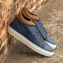 Load image into Gallery viewer, Navy & Cognac Ostrich High-Top Sneakers