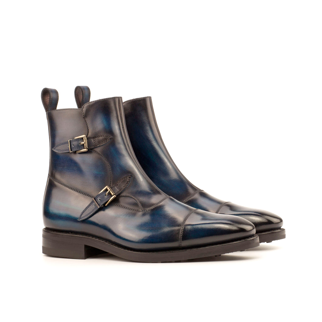 Navy Patina Leather Double-Monk Boots