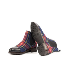 Load image into Gallery viewer, A pair of black calf & tartan ADORSI chelsea boots on a white background.