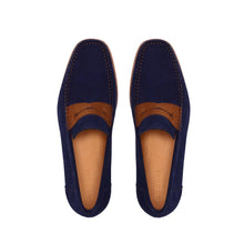 Load image into Gallery viewer, MORGAN MOCASSIN NAVY SUEDE, MED BROWN SUEDE - Moccasin Loafers