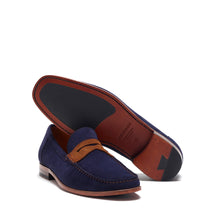 Load image into Gallery viewer, MORGAN MOCASSIN NAVY SUEDE, MED BROWN SUEDE - Moccasin Loafers