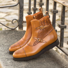 Load image into Gallery viewer, Cognac Calf & Croco Double-Monk Boots