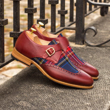 Load image into Gallery viewer, Red Leather & Tartan Fabric Single Monk Shoes - Single Monk