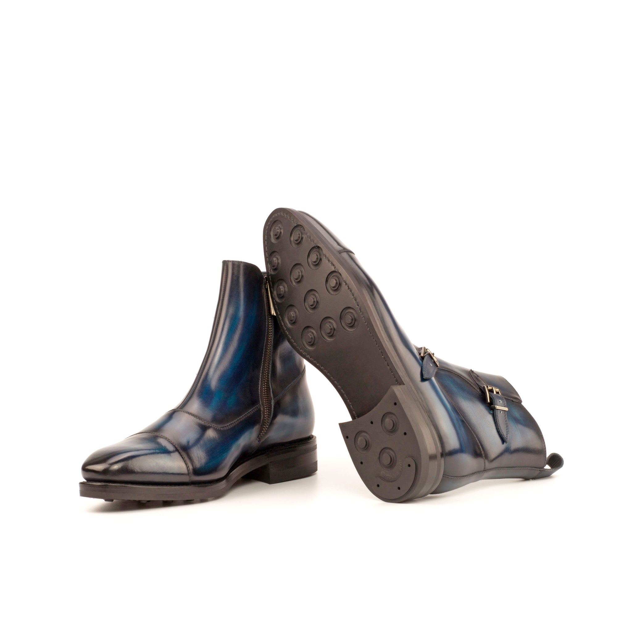 Handmade Navy Patina Leather Double Monk Boots for Men – ADORSI display picture 2