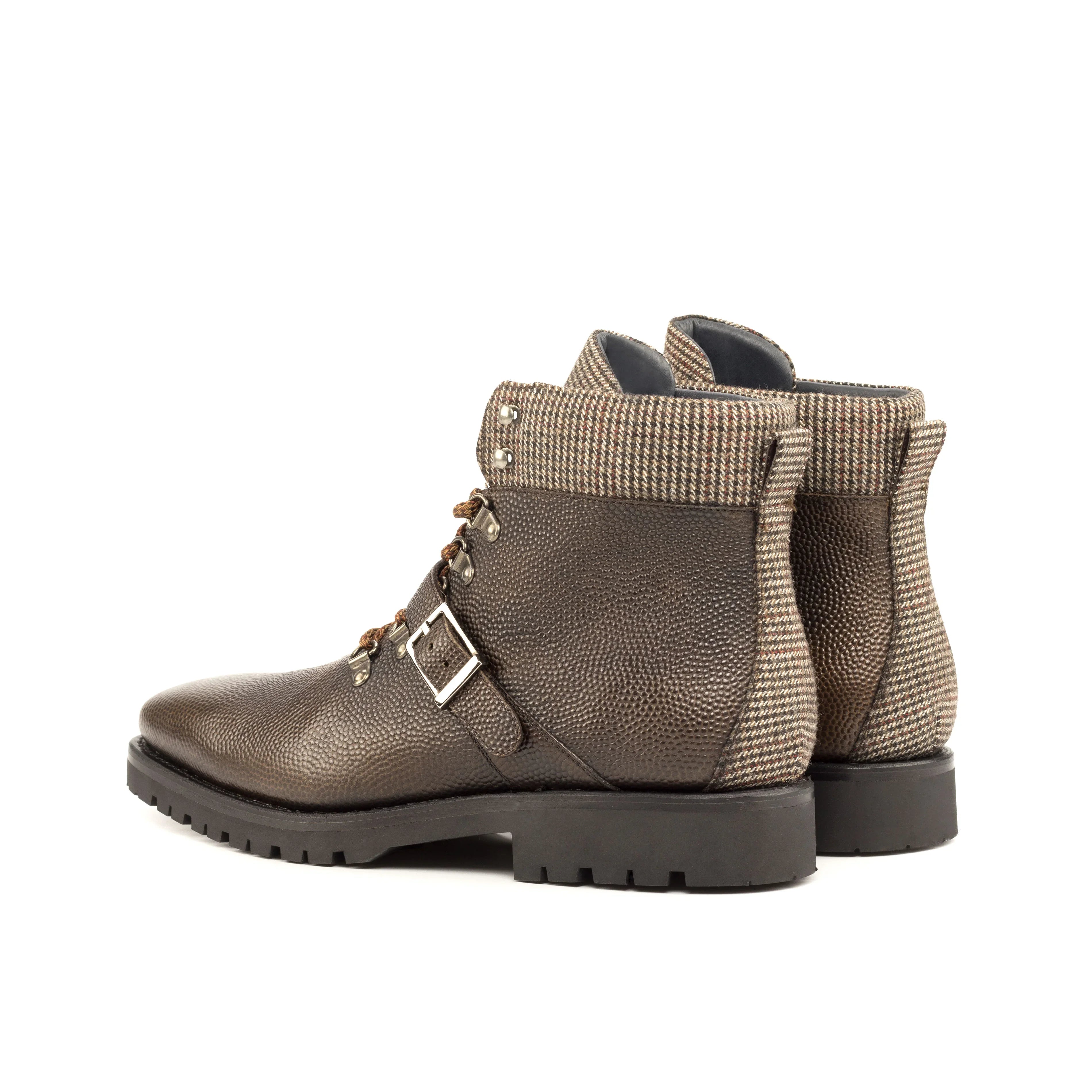 Dark Brown Pebble Grain & Tweed Fabric Hiking Boots