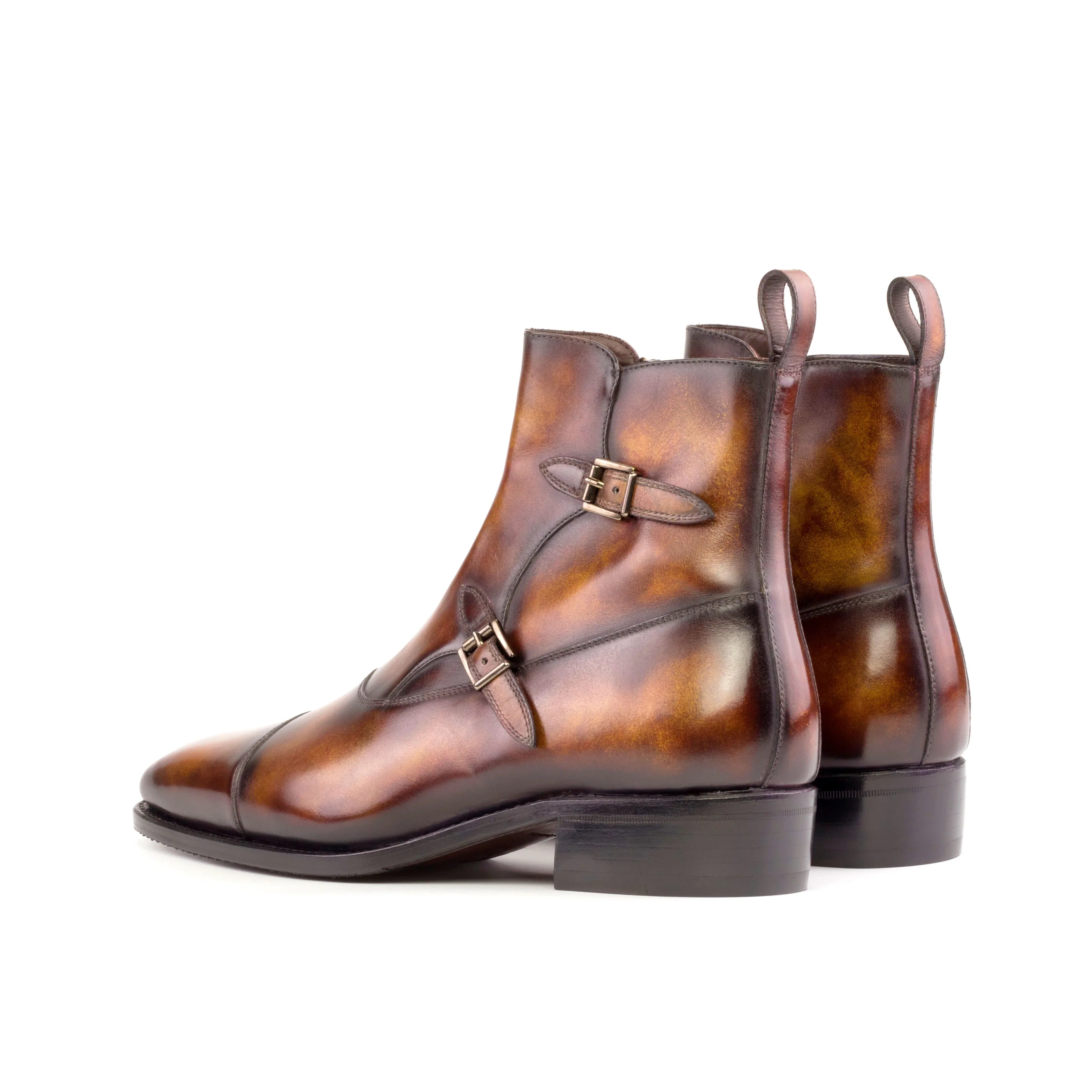 Fire Patina Leather Double Monk Boots