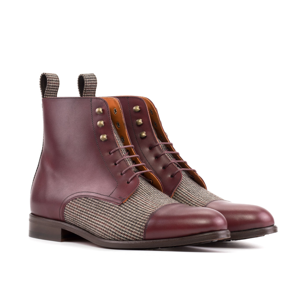 Burgundy Calf & Tweed Fabric Cap Toe Boots