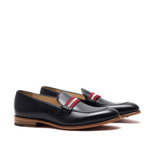 Load image into Gallery viewer, Elegant black calf leather loafers with a distinctive web stripe design, showcasing a sleek frontal view on a white background.
