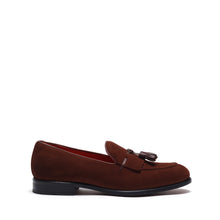 Load image into Gallery viewer, Side perspective of the brown suede loafers showing off the classic Kiltie tassel detail and sleek profile on a white background.
