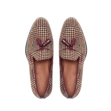 Load image into Gallery viewer, Top-down view of brown tweed tassel loafers, detailing the checkered pattern and complementing tassel embellishments.
