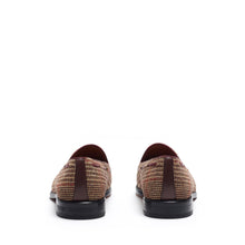 Load image into Gallery viewer, Back view of the loafers, displaying the fine stitching detail and contrast between the tweed and the dark sole.
