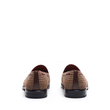 Load image into Gallery viewer, Back view of the loafers, displaying the fine stitching detail and contrast between the tweed and the dark sole.
