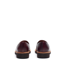 Load image into Gallery viewer, Back angle of the loafers, focusing on the stitching details and the contrast of the burgundy leather and brown heel.
