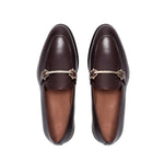 Top-down view of dark brown calf leather horsebit loafers, focusing on the symmetrical horsebit detailing and the exquisite stitching around the loafers' periphery.