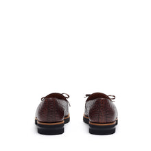 Load image into Gallery viewer, Rear angle showcasing the back detail of dark brown croco-textured kiltie loafers, set against a white environment.
