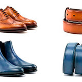 Image showing two pairs of shoes: brown leather dress shoes and blue leather boots, along with an ADORSI Matching Belt in tan leather and two ADORSI Matching Belts in blue leather.