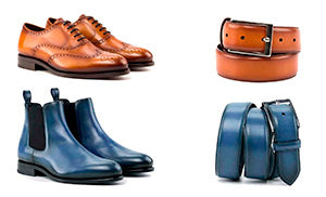 Image showing two pairs of shoes: brown leather dress shoes and blue leather boots, along with an ADORSI Matching Belt in tan leather and two ADORSI Matching Belts in blue leather.