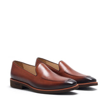 Load image into Gallery viewer, A pair of burnished medium brown calf plain loafers with a low-profile silhouette and subtle stitching detail, set against a white background.
