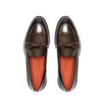 Top-down view of olive calf laced loafers, highlighting the meticulous stitching, laced-up design, and rich olive tone against the contrasting insole.