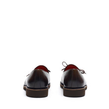 Load image into Gallery viewer, Rear view of olive calf laced loafers against a white background, showing the subtle heel elevation and seamless stitching around the heel counter.
