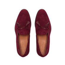 Load image into Gallery viewer, An overhead view showcasing the deep wine suede upper of the loafers, complemented by the burgundy calf leather laced tassels, creating a refined aesthetic.
