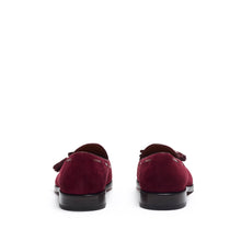 Load image into Gallery viewer, Rear view of wine suede laced tassel loafers, focusing on the smooth back counter and the subtle contrast of the brown sole edge.
