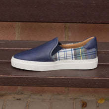 Load image into Gallery viewer, Navy Calf &amp; Tartan Fabric Slip-on Sneakers
