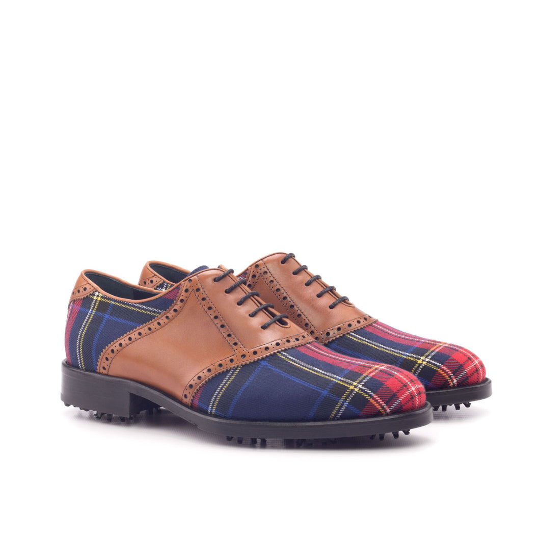Cognac Calf & Tartan Fabric Saddle Golf Shoes