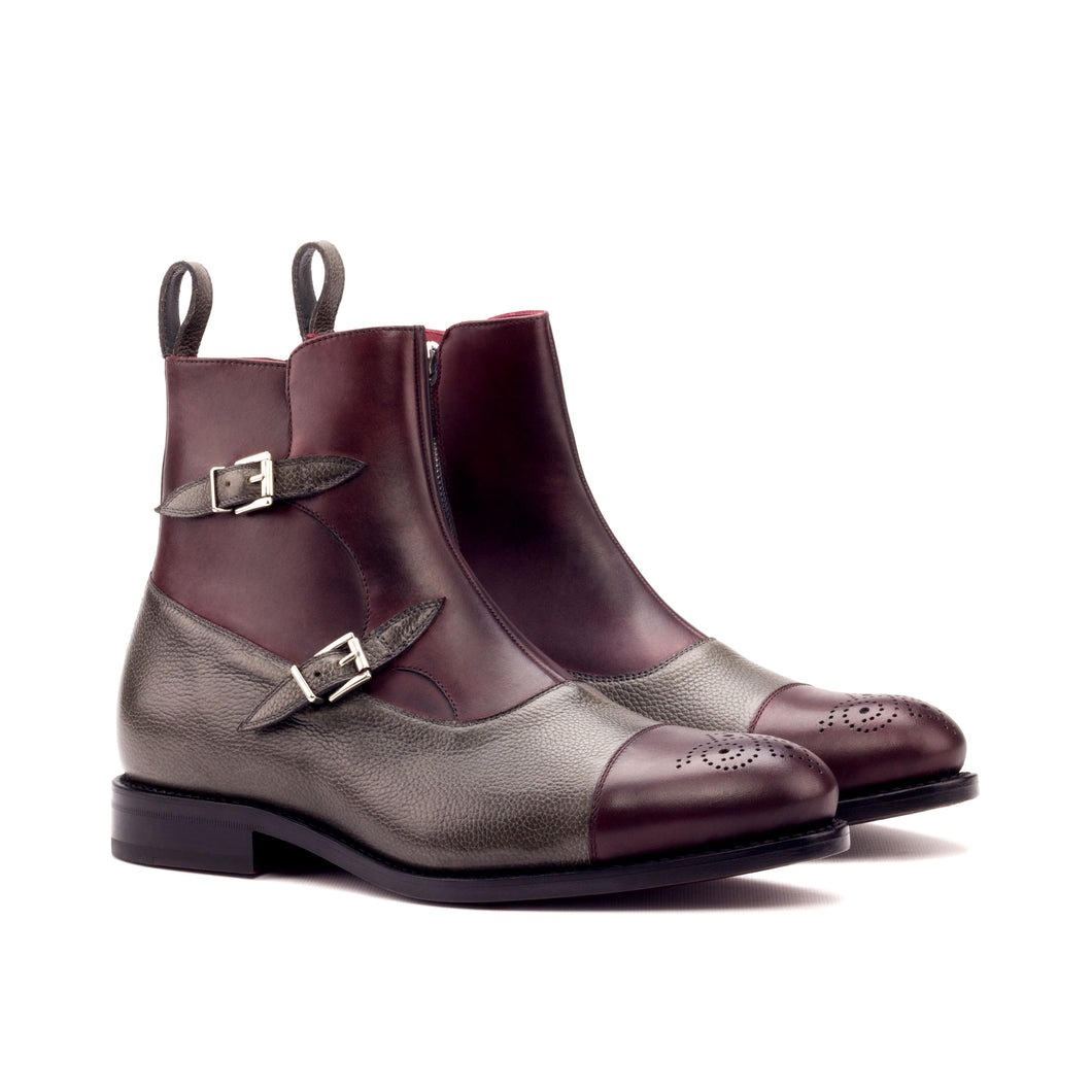 Burgundy & Grey Calf Leather Double-Monk Boots