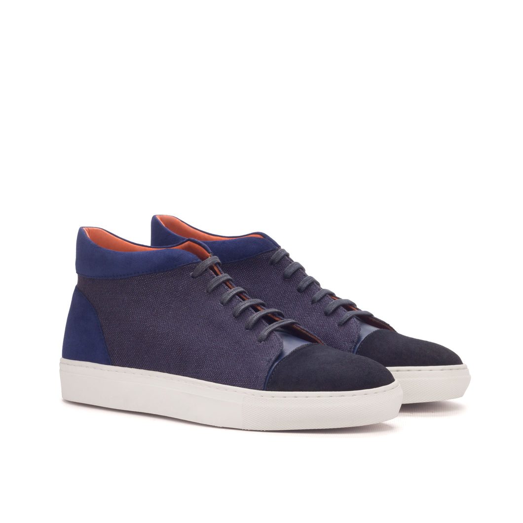 Navy Linen, Suede & Leather High-Top Sneakers