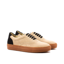 Load image into Gallery viewer, An ADORSI Beige &amp; Black Linen Top-Sider Trainers with black soles.
