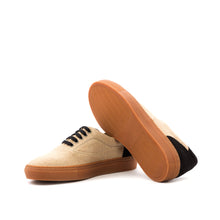Load image into Gallery viewer, A pair of Beige &amp; Black Linen Top-Sider Trainers by ADORSI with black soles.
