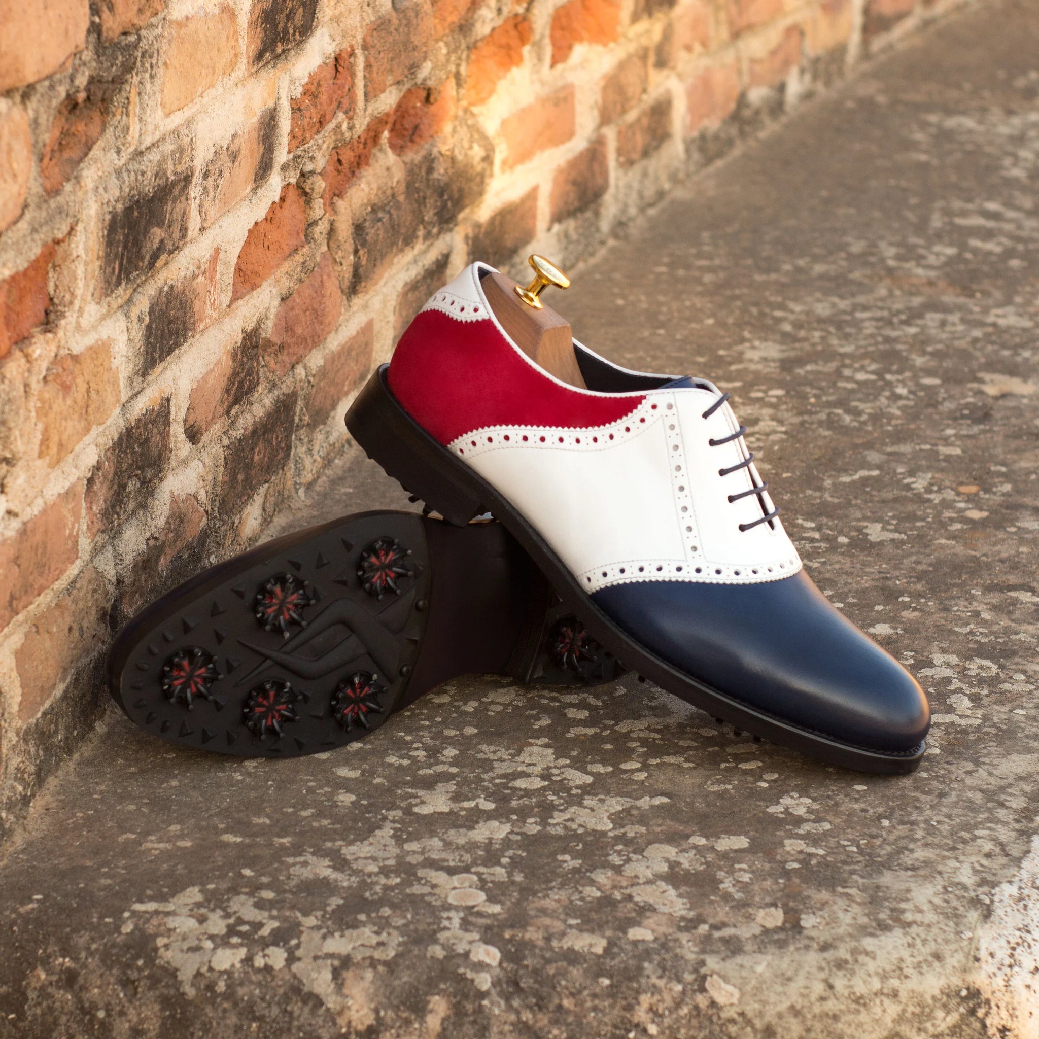 White & Blue Calf Red Suede Saddle Golf Shoes 15