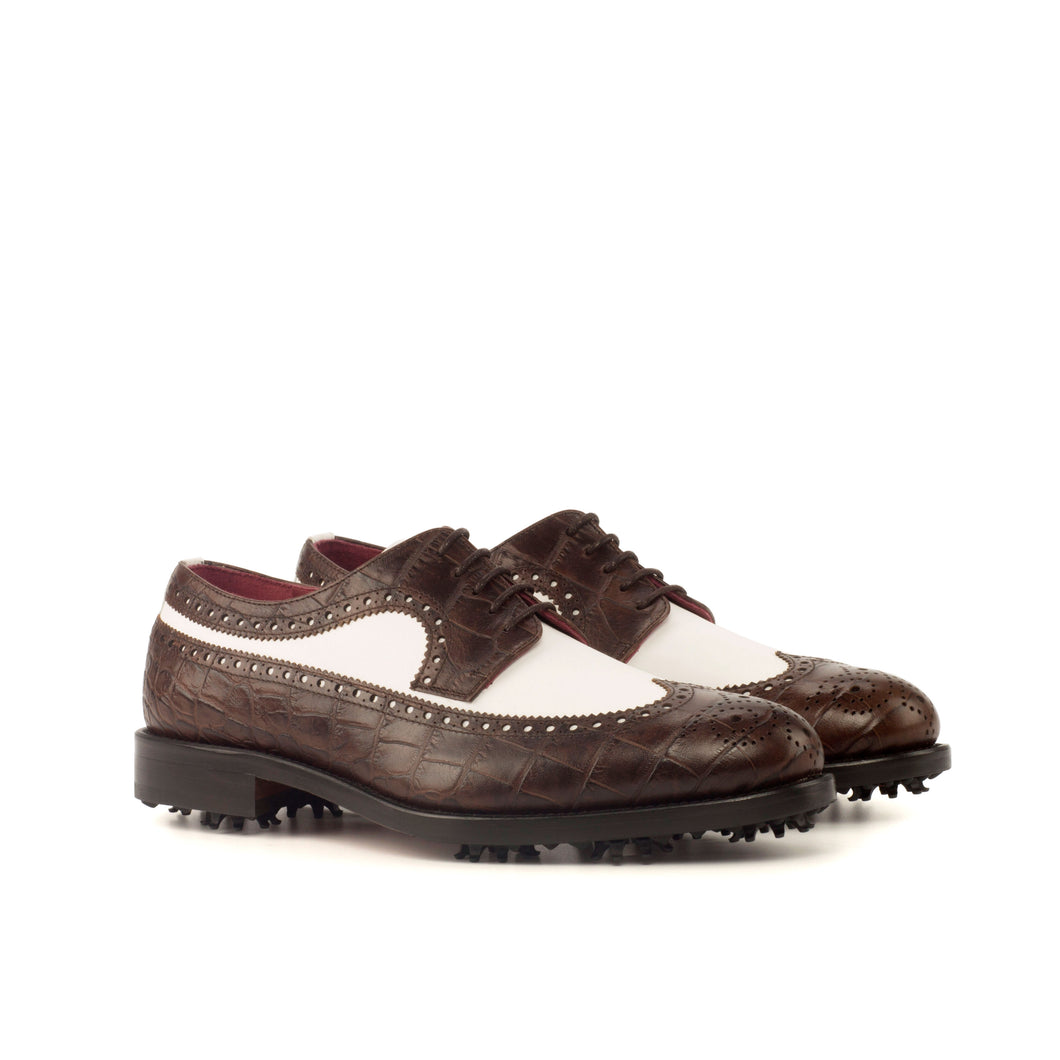 Brown Croco & White Calf Leather Brogue Golf Shoes